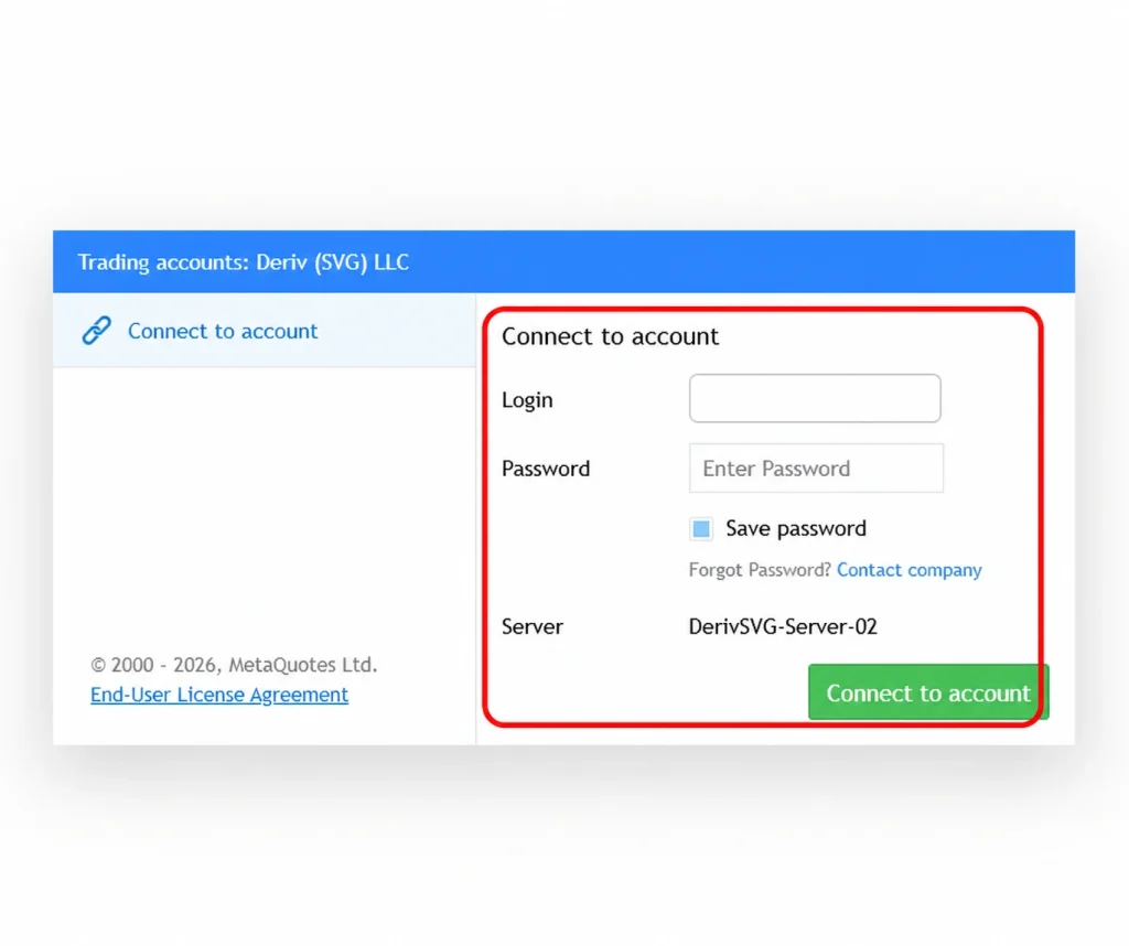 A login screen for Deriv (SVG) LLC trading accounts, designed for MetaTrader 5 users, showing fields for login, password, a "Save password" checkbox, and a "Connect to account" button. Server listed as DerivSVG-Server-02. Download and access your account seamlessly on the Deriv platform.
