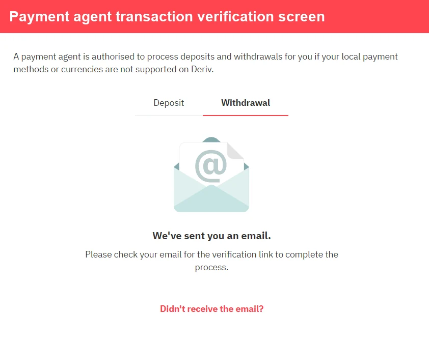A screen shows a withdrawal tab selected with a message saying an email was sent for transaction verification and to check your email to complete the process.
