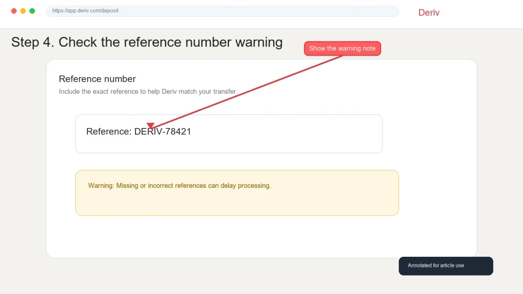 A webpage instructs users to check a reference number warning before making a bank transfer or deposit with Deriv. An arrow points to a red “Show the warning note” button. The reference number “DERV-78421” is shown, along with a warning about incorrect references.