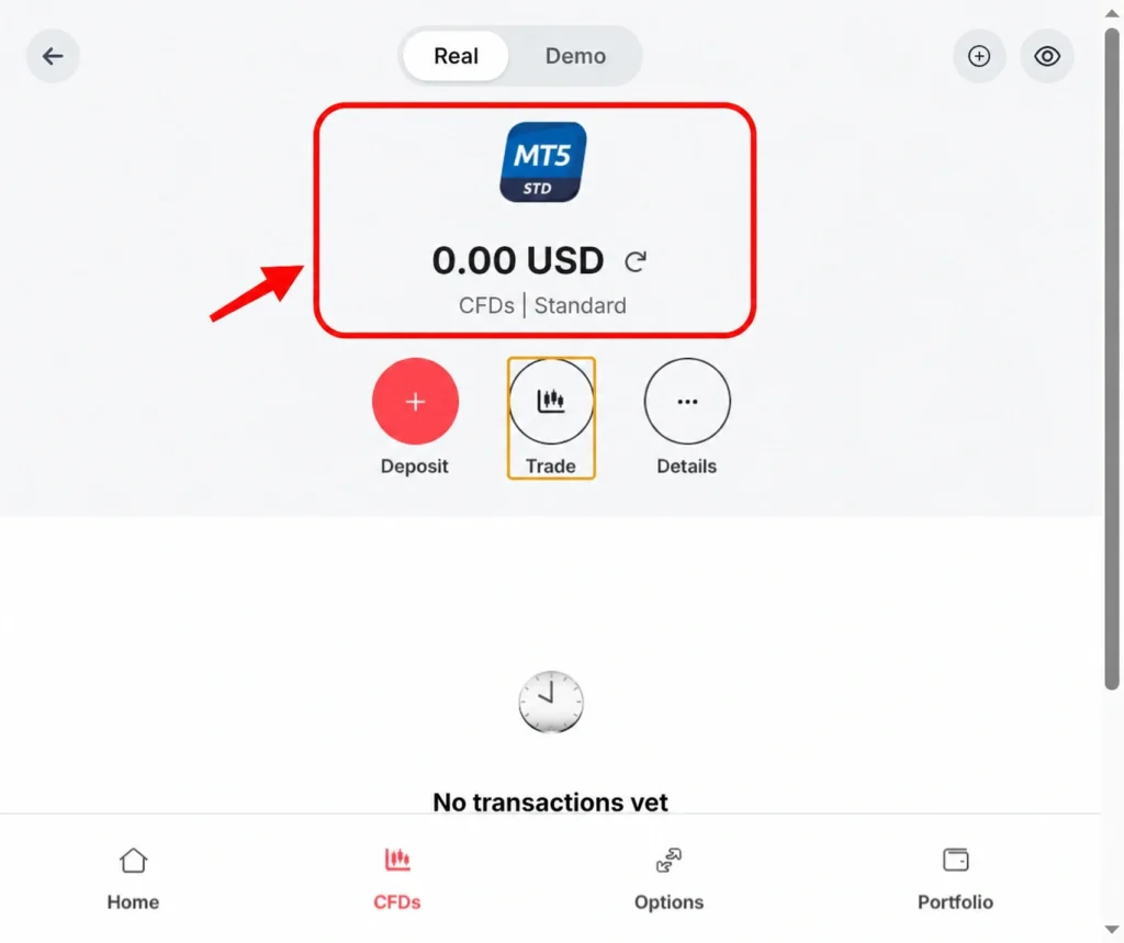 A trading app screen shows a MetaTrader 5 Standard account with a 0.00 USD balance. Below are options for Deposit, Trade, and Details. The "CFDs" tab is selected. No transactions are visible on this Deriv platform interface, prompting users to download the app for seamless trading access.
