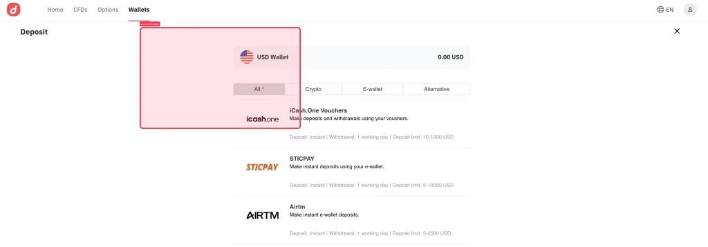 Deposit page showing a USD wallet with options for deposit methods, including iCashOne, STICPAY, and AIRTM. The USD wallet displays a 0.00 USD balance. Tabs for "All", "Crypto", and "E-wallet" are visible, making it easy to manage your funds before initiating a Deriv cashier withdrawal or checking the Deriv withdrawal processing time when you’re ready to.