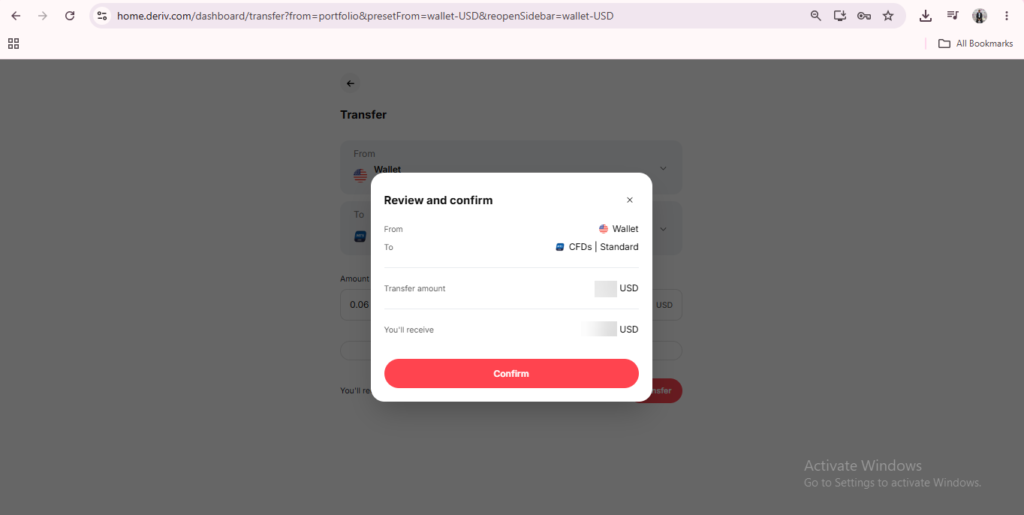 A digital wallet transfer screen showing fields for wallet selection, transfer amount, and amount received in USD—with seamless Deriv Wallet navigation that lets you switch Deriv Wallets or use the Deriv Wallet currency switch feature. A red “Confirm” button is at the bottom of the pop-up window.
