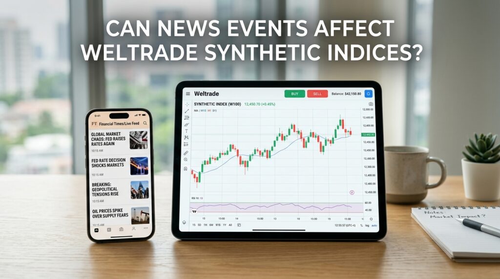 A smartphone shows news headlines while a tablet displays a Weltrade synthetic index chart with rising trends. Text above asks, “Can news events affect weltrade syntX instruments?” A mug and notebook are on the desk.