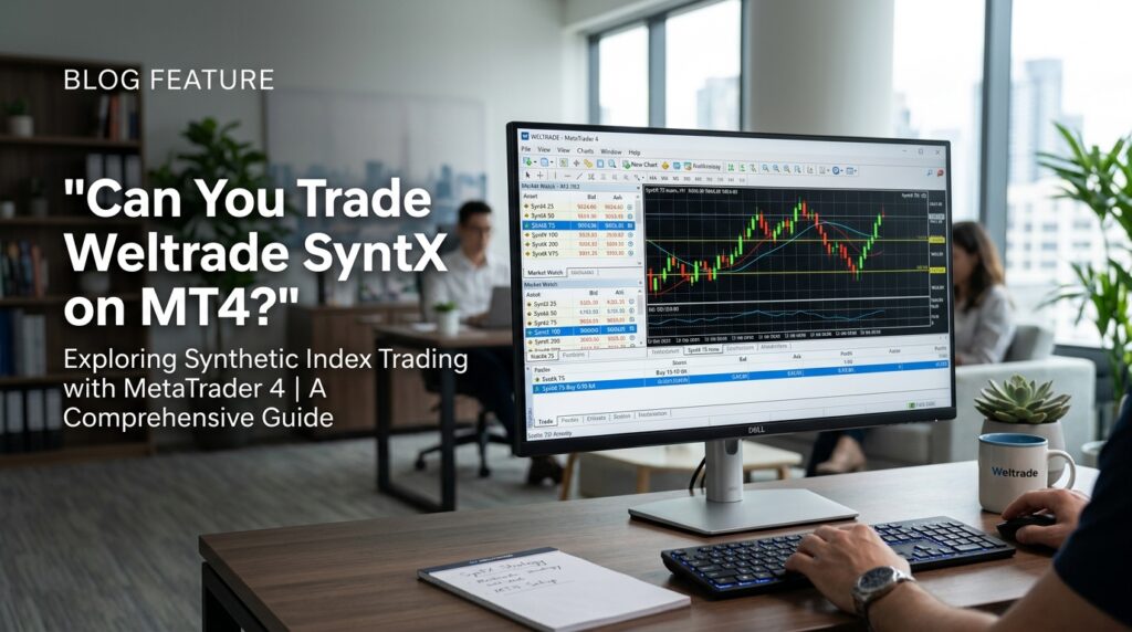 A person works at a desk with a monitor displaying trading charts. Text on the image discusses, “Can you trade Weltrade SyntX on MT4?” and highlights a comprehensive guide for traders exploring this option. Large windows and another person in the background are visible.
