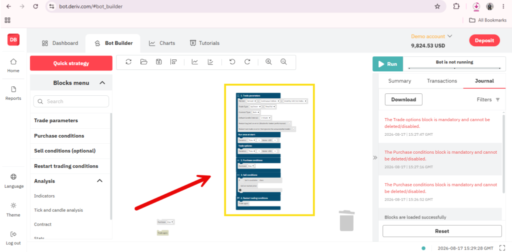 A screenshot of a bot-building interface, showcasing Deriv Bot no-code features with a blocks menu on the left, a block sequence highlighted in yellow in the center, and a summary and journal panel on the right. A red arrow points to the yellow box.