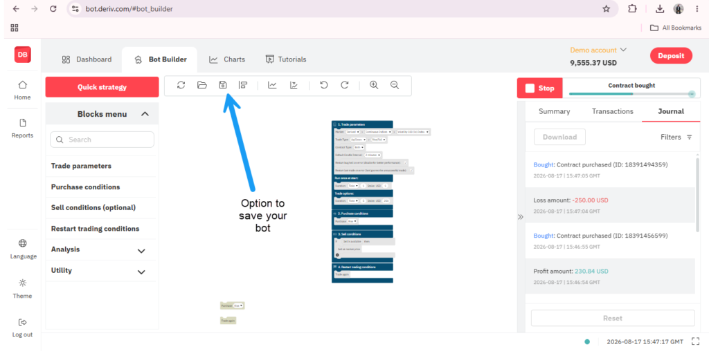 Screenshot of Deriv’s bot builder interface, highlighting Deriv Bot no-code features in the bot construction area. A blue arrow points to the save icon labeled “Option to save your bot,” while account summary details are displayed on the right side of the screen.