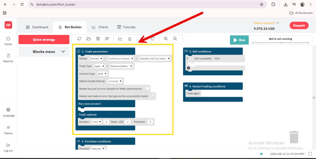 A trading bot builder interface with a highlighted “Trade parameters” section in yellow and a large red arrow pointing to it. The screen shows various trade and contract settings, offering a clear visual overview of key Deriv Bot features for users looking to understand what is Deriv Bot.