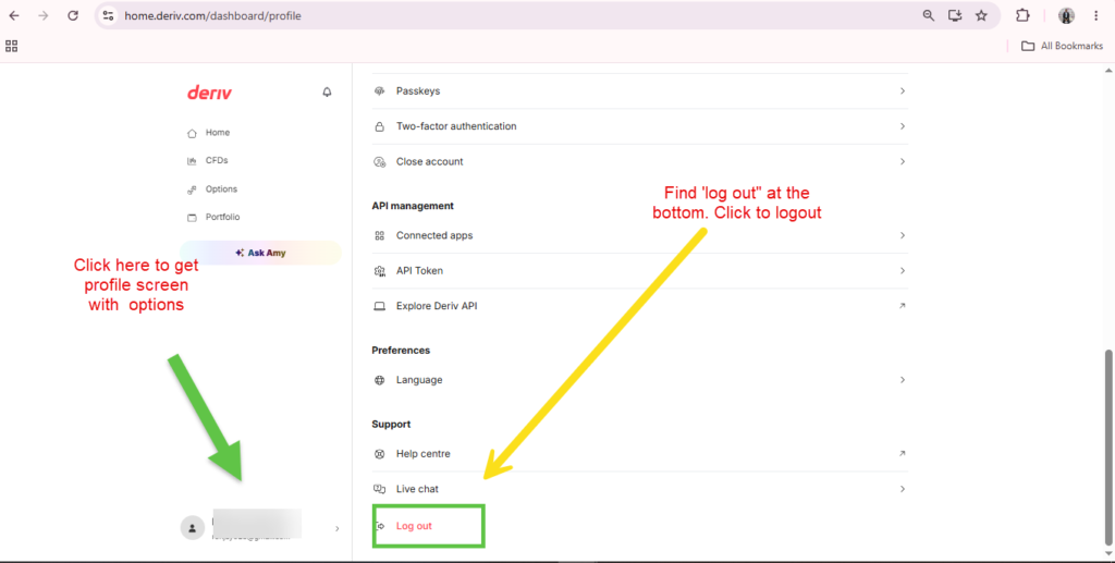 Dashboard profile page showing a side menu with options and logout at the bottom, highlighted by arrows and text instructions for accessing your profile and how to log out of Deriv or end your Deriv session securely.