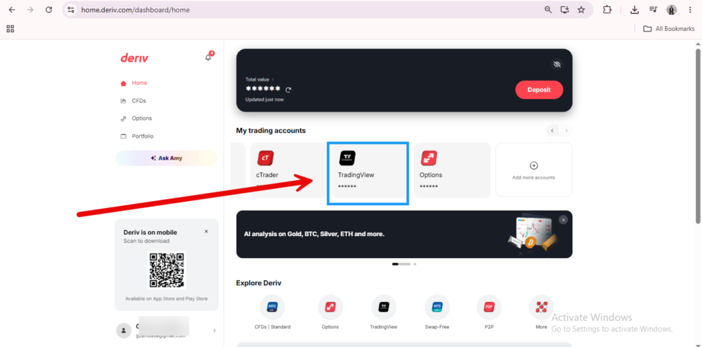 A red arrow points to the TradingView account option on the Deriv dashboard, which is highlighted with a blue square. Other platform options, including access to Deriv X TradingView charts and navigation menus, are visible on the screen.