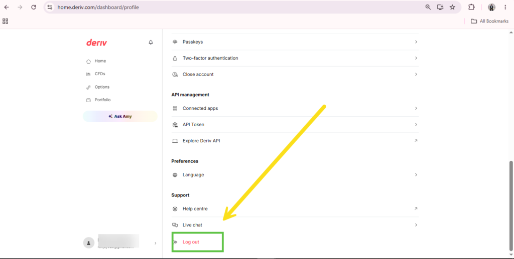 A user dashboard shows profile settings. A yellow arrow points to the “Log out” option, highlighted in green near the bottom of the right panel, guiding users on how to end their Deriv session easily.
