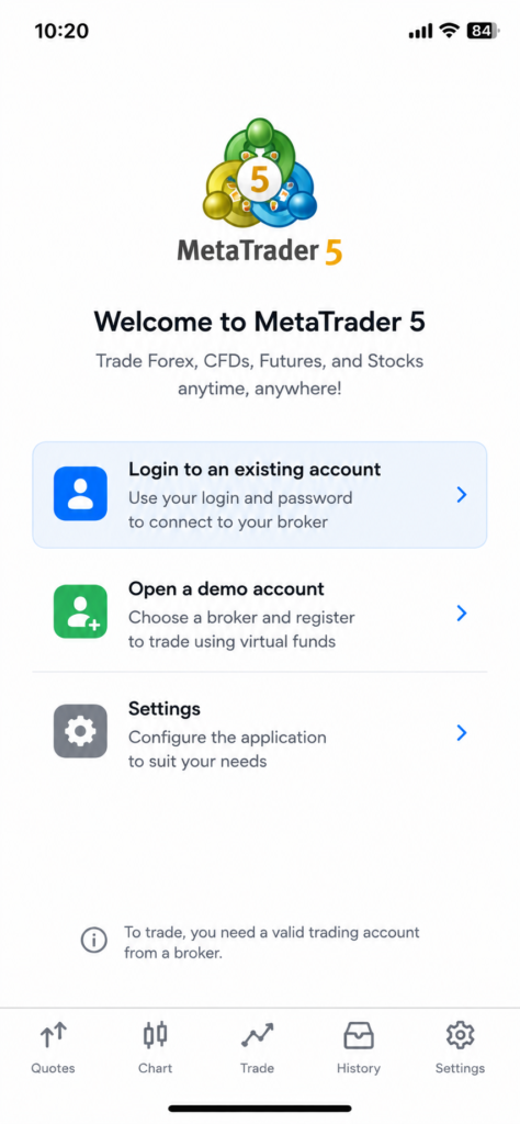 MetaTrader 5 app welcome screen with options to log in, open a demo account, or access settings. Menu icons appear at the bottom, making it easy for users who want to install MT5 on iPhone or enjoy seamless trading with the Deriv MT5 iOS app.