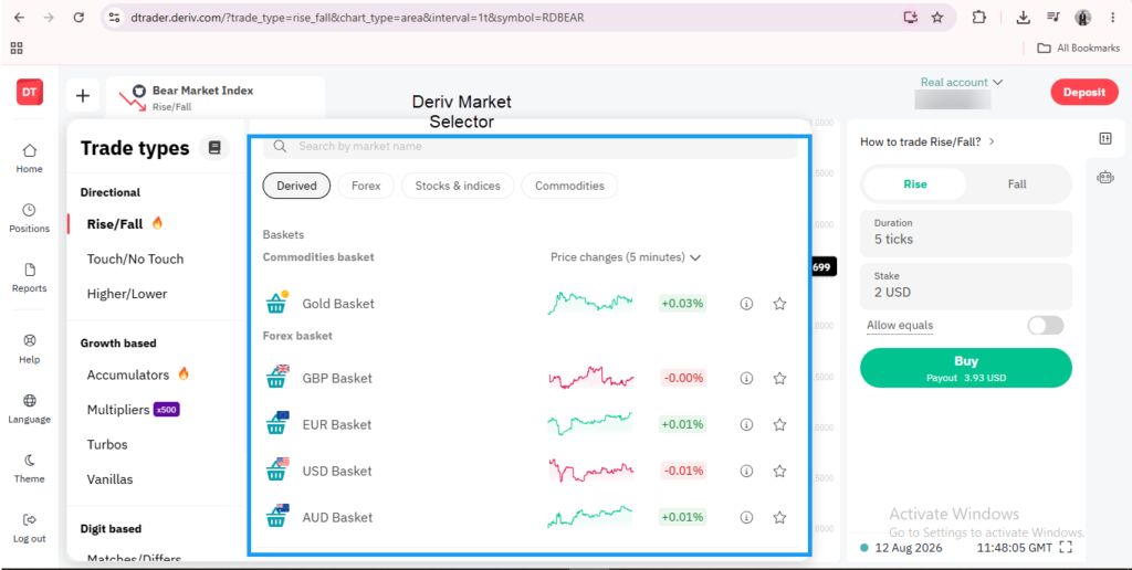 A screenshot of the Deriv trading platform shows the Market Selector window with various commodity baskets (Gold, GBP, EUR, USD, AUD) and their recent price changes in green. This clear display is part of the intuitive Deriv Trader interface, designed to help users navigate markets with ease.