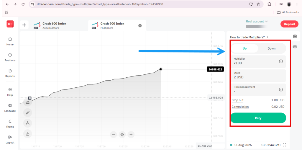 A trading platform screen displays a rising line graph. A large blue arrow points right to an options panel showing “Up” selected, $2 stake, stop out at 1.80 USD, and a green “Buy” button.
