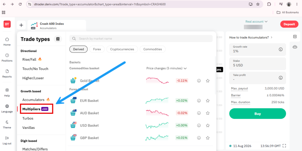 A screenshot of a trading platform shows various trade types. A blue arrow points to “Multipliers” under the “Growth based” section. The screen also displays market baskets with slight percentage changes.