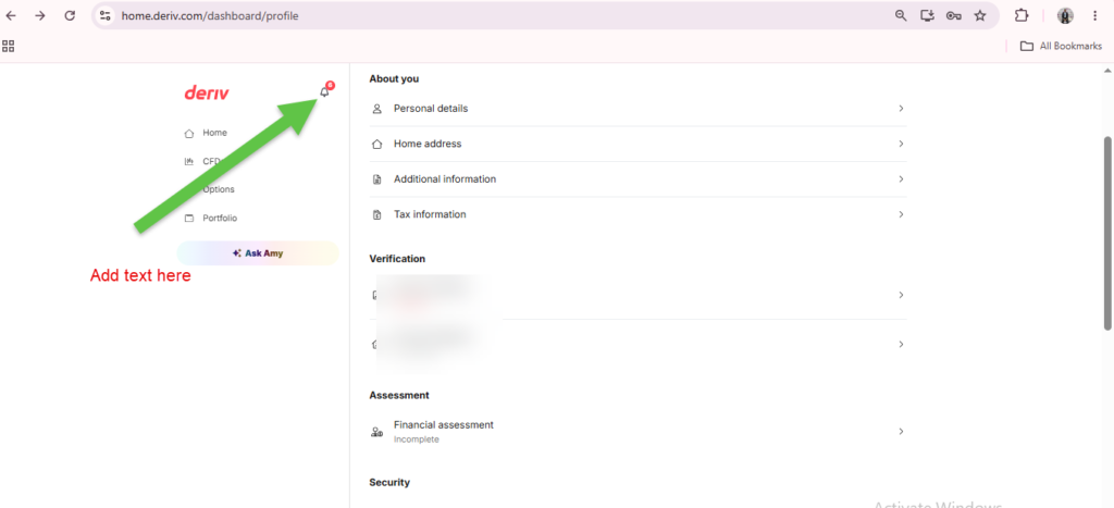 A user dashboard page with menu options on the left, including Home and Portfolio. A large green arrow points to a Deriv notification bell icon next to “deriv” at the top, reminding you to view Deriv alerts. Text below reads “Add text here.”.