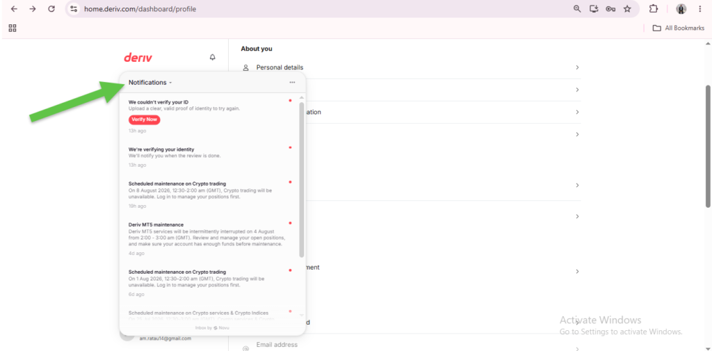 A dashboard webpage shows a notifications panel with various alerts, including ID verification and system updates. A large green arrow points to the notifications section, where users can view Deriv alerts and stay informed about their account activity. The background displays personal account details.