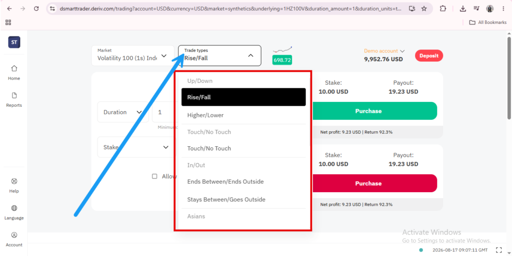A trading platform screen shows a dropdown menu with “Rise/Fall” selected under trade types, highlighted by a blue arrow. Other trade options are listed below in a white box with a red border.