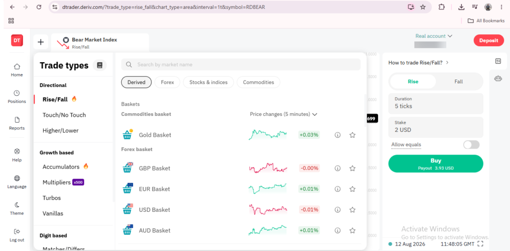 A trading platform dashboard shows trade types and market baskets with live price change charts, including Gold, GBP, EUR, and AUD baskets. For those seeking a Deriv Trader overview, the right panel displays trade settings for a Rise/Fall bet, giving users an intuitive way to manage their positions efficiently.