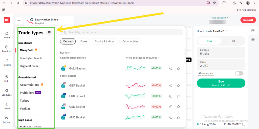 A screenshot of the Deriv trading platform showing the “Trade types” menu on the left, with options like “Rise/Fall” and “Multipliers”, and a highlighted Bear Market Index chart in the center. This visual offers a glimpse into Deriv Trader features designed for intuitive navigation—perfect for anyone curious about what is Deriv Trader and how it compares to platforms like MT5.