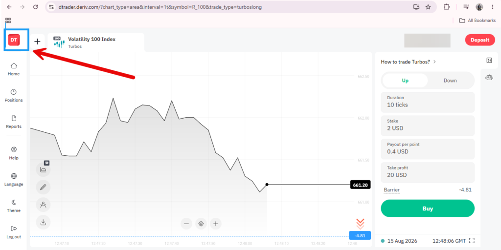 A trading platform screenshot with a highlighted and red-arrow-pointed “DT” logo on the left toolbar. The “Volatility 100 Index” graph is displayed, with trade options and stats on the right side—perfect for those wanting Deriv platforms explained or curious about which Deriv platform to use.