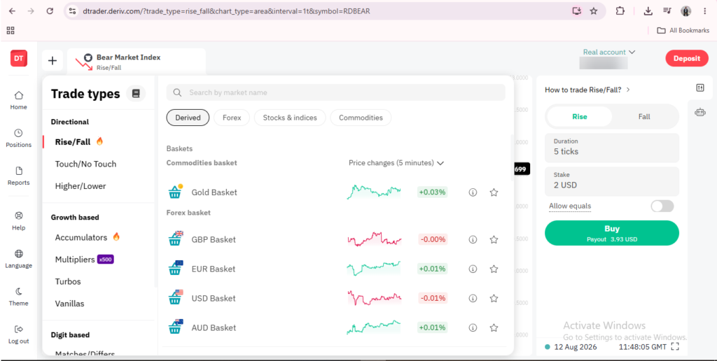Screenshot of a trading platform showing various trade types and market baskets, including Gold, GBP, EUR, USD, and AUD baskets, with their price changes and line graphs. The user interface displays an option to buy. Perfect for those following a Deriv Trader beginner guide or seeking a practical Deriv Trader tutorial to understand the layout and features in real market conditions.