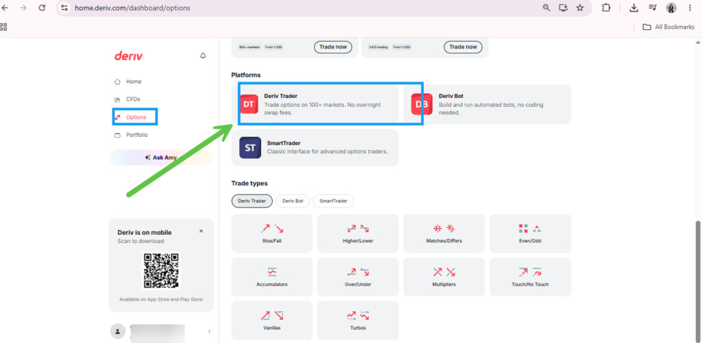 A green arrow points to the “Deriv Trader” platform option, which is highlighted in blue, on the Deriv dashboard’s Options section, visually guiding users who are wondering what is Deriv Trader. Other platform choices and navigation menus are also visible.
