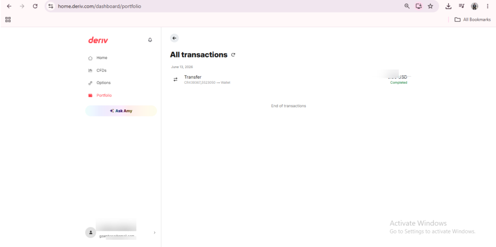 A digital dashboard shows a completed transfer transaction under “All transactions” with the derv logo at the top left and navigation menu options on the side.