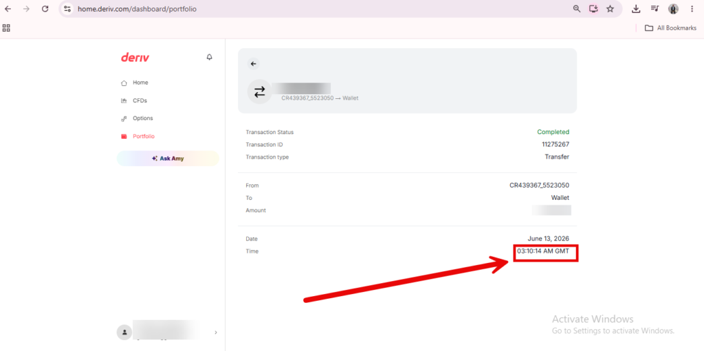 A computer screen shows a transaction details page with a red arrow pointing to the date and time: “03:01:41 AM GMT.” Some user info is blurred for privacy.