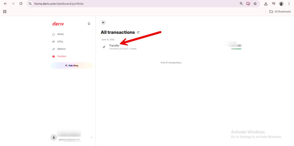 Screenshot of a financial dashboard showing a transfer transaction on June 11, 2023. A red arrow points to the transaction, labeled “Transfer,” with part of an account number visible.