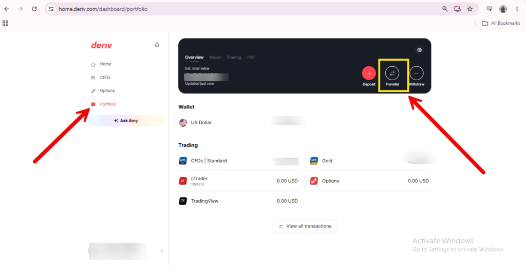 A screenshot of the Deriv dashboard highlights the “Portfolio” menu on the left and the “Transfer” button in the wallet section with red arrows and a yellow box, illustrating how to move money Deriv Wallet or initiate a Deriv currency conversion transfer.