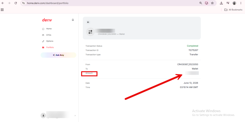 Screenshot of a user portfolio page on the Deriv website, showing a completed transfer transaction. A red arrow points to the “Amount” field, highlighted by a red box. Windows watermark is visible in the corner.