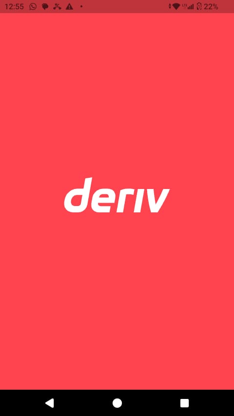 A red screen displays the word “deriv” in lowercase white letters centered, providing a simple yet striking introduction to the app. The phone’s status bar at the top shows time, notifications, and battery level—offering a typical look seen in many Deriv GO mobile trading overviews.