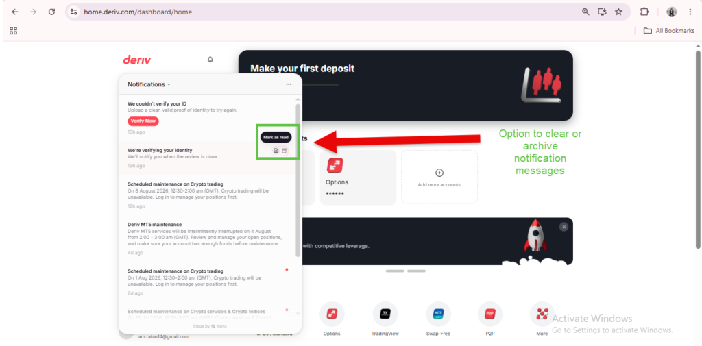 A browser window showing the Deriv dashboard. The Deriv notifications panel is open on the left, with a green box and red arrow highlighting the “Mark as read” and archive icons for notification management.
