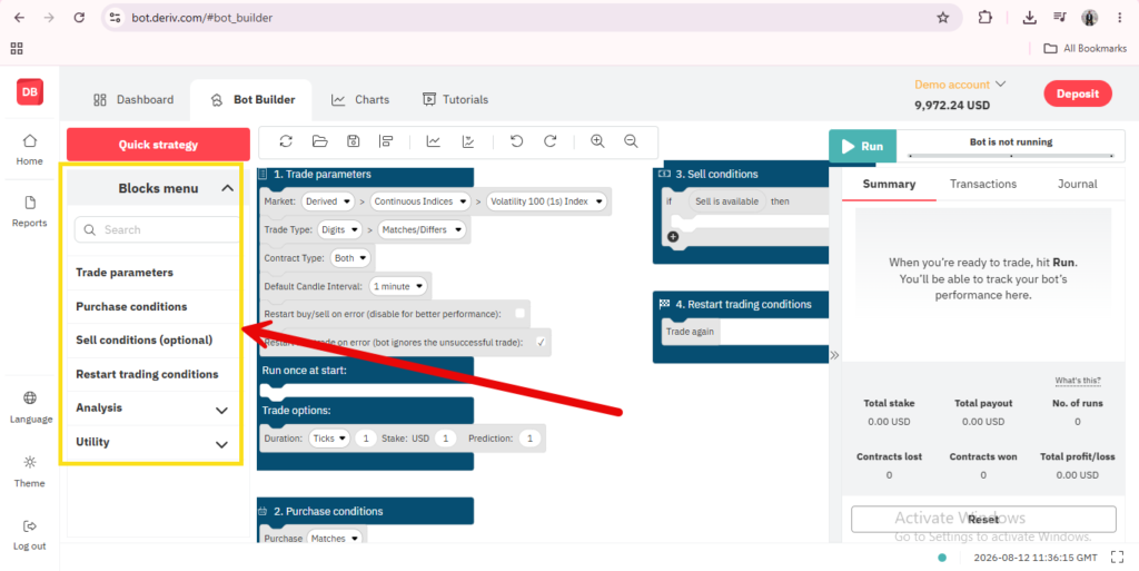 A trading bot interface shows a red arrow pointing from “Sell conditions (optional)” in the Blocks menu to a sell conditions block on the workspace. The dashboard displays bot settings, trade conditions, and performance info, clearly illustrating Deriv Bot no-code automation for seamless trading setup.