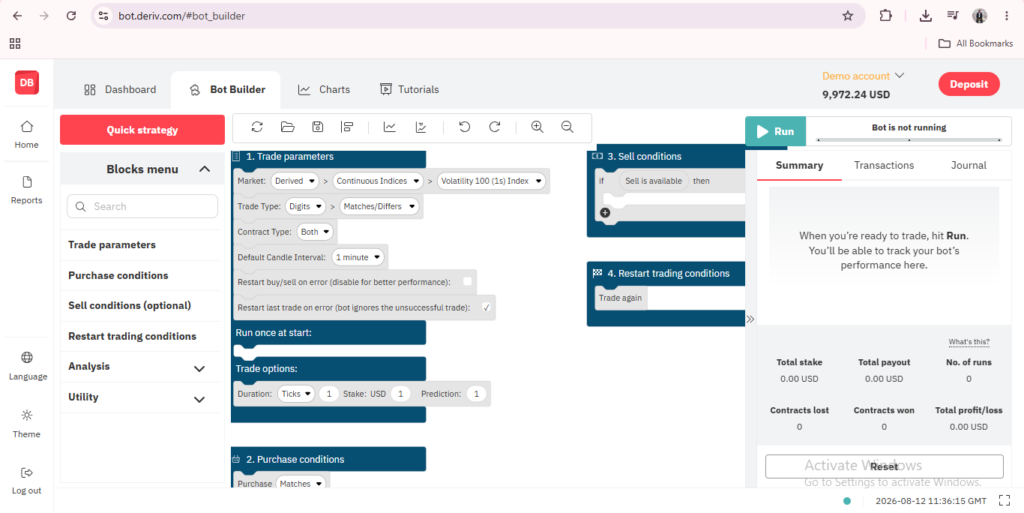 Screenshot of a trading bot builder interface showing trade parameters, buy/sell conditions, and a panel summarizing strategy stats. The account balance and navigation tabs are visible at the top, illustrating Deriv Bot no-code automation for streamlined trading without programming expertise.