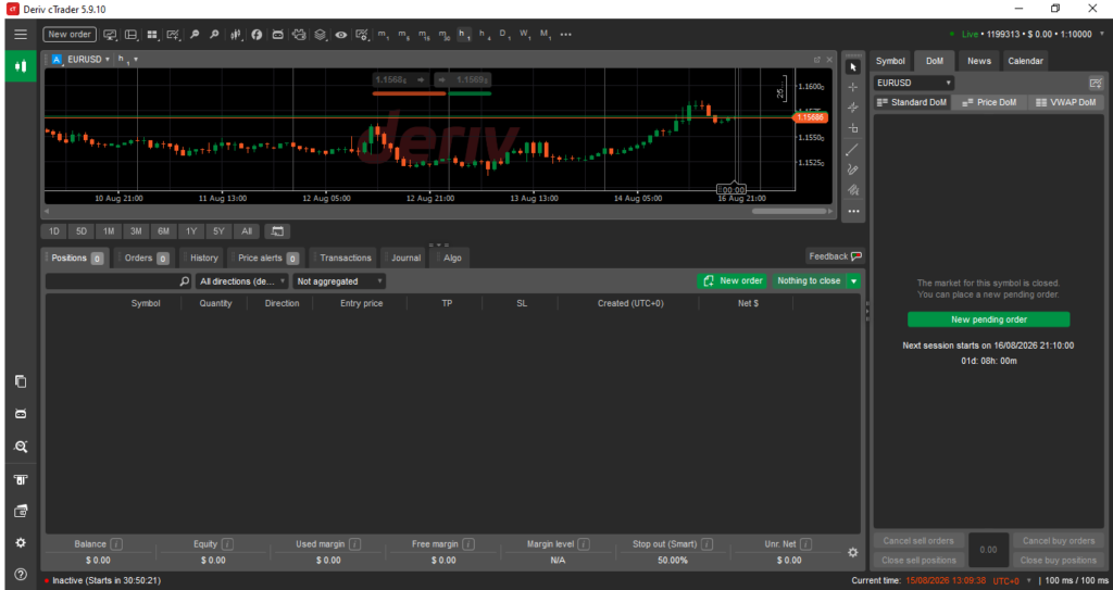 A trading platform window displays a candlestick chart for EUR/USD, recent trades list, options to place new orders, and notifications. The interface includes menus, toolbars, and trade management sections—a setup commonly found across various Deriv trading platforms. For those wondering which Deriv platform to use, this intuitive layout makes navigation and execution easier for traders of all levels.