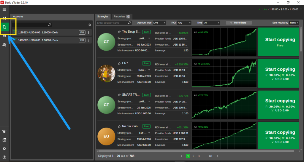 A screenshot of a trading platform, ideal for those curious about what is Deriv cTrader, showing traders’ profiles, their performance charts, and green “Start copying” buttons. A blue arrow points to a green menu icon on the left, highlighted by a yellow rectangle.