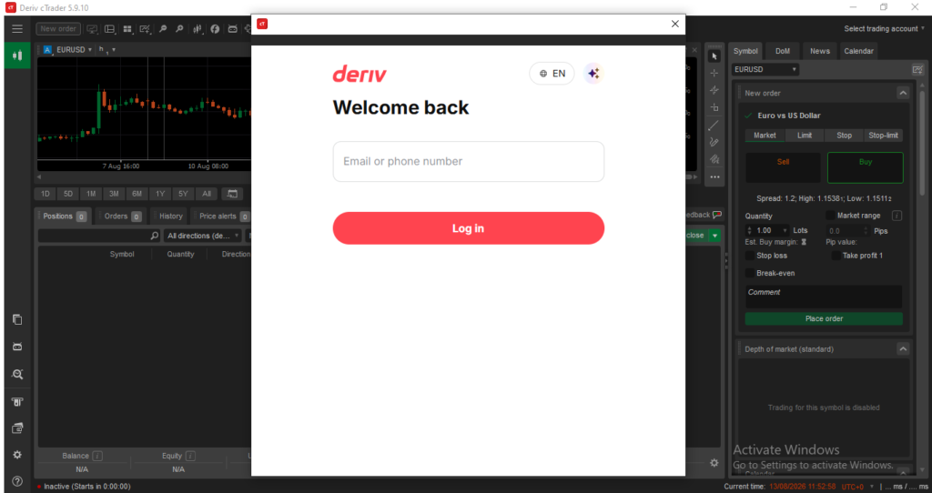A Deriv login window asking for email or phone number is open over a trading platform with charts and trading options visible in the background, illustrating the initial steps of a Deriv cTrader setup.
