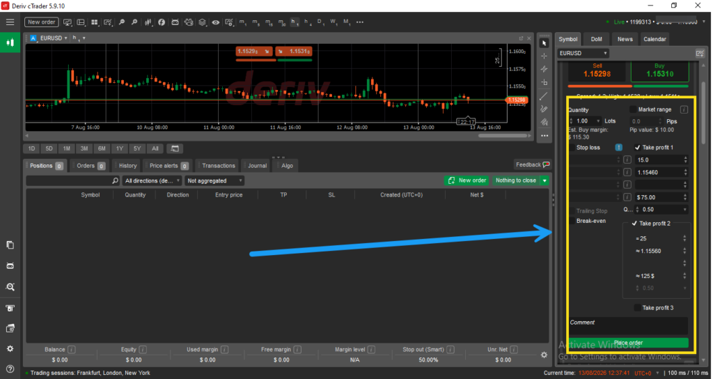 Trading platform screenshot showing a candlestick chart for EUR/USD, order form on the right with trading options, and a large blue arrow pointing to the order summary panel—perfect for illustrating how to use Deriv cTrader, especially if you’re following a Deriv cTrader guide.