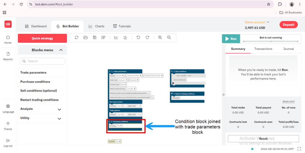 Screenshot of a trading bot builder interface showing blocks for setting trade parameters; a red box highlights the condition block joined to these parameters with an arrow and text noting the connection. This visual offers an insight into Deriv Bot no-code features, making it easier to understand how users can build strategies without programming experience.