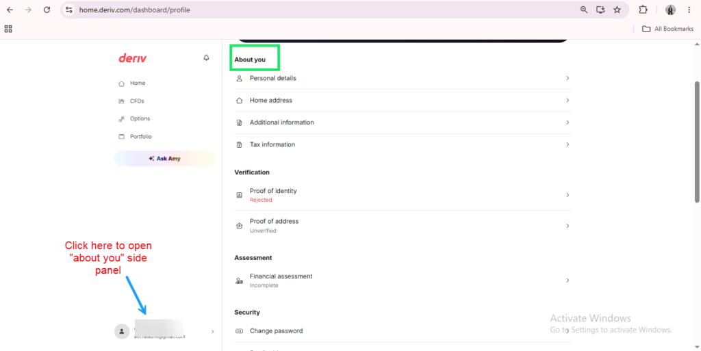 A user dashboard on Deriv highlights the “About you” section, showcasing various profile options. A red arrow points to a profile icon labeled “Click here to open ‘about you’ side panel,” illustrating key Deriv dashboard features for easy navigation and personalization.
