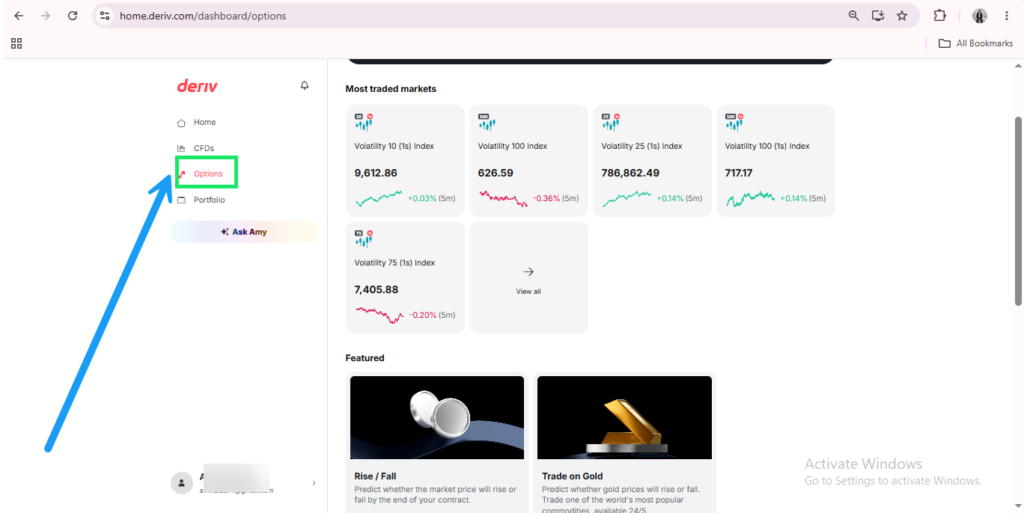 A trading platform dashboard displays market indexes, graphs, and featured trading options. A large blue arrow points to the “Demo” area on the left sidebar, with a green box highlighting it—perfect for users looking to explore Deriv dashboard features and navigate key sections with ease.