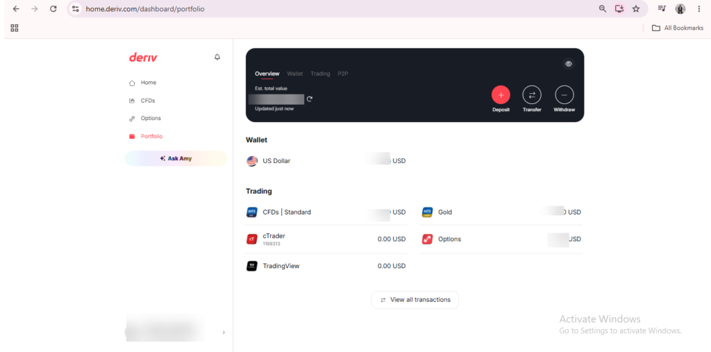 Screenshot of a Deriv balance dashboard displaying wallet balances in USD, along with trading options for CFDs, cTrader, and TradingView. At the top, there are buttons to deposit, transfer, or withdraw funds. On the left side, the sidebar menu is visible, making it easy to view your Deriv Wallet and navigate between features.