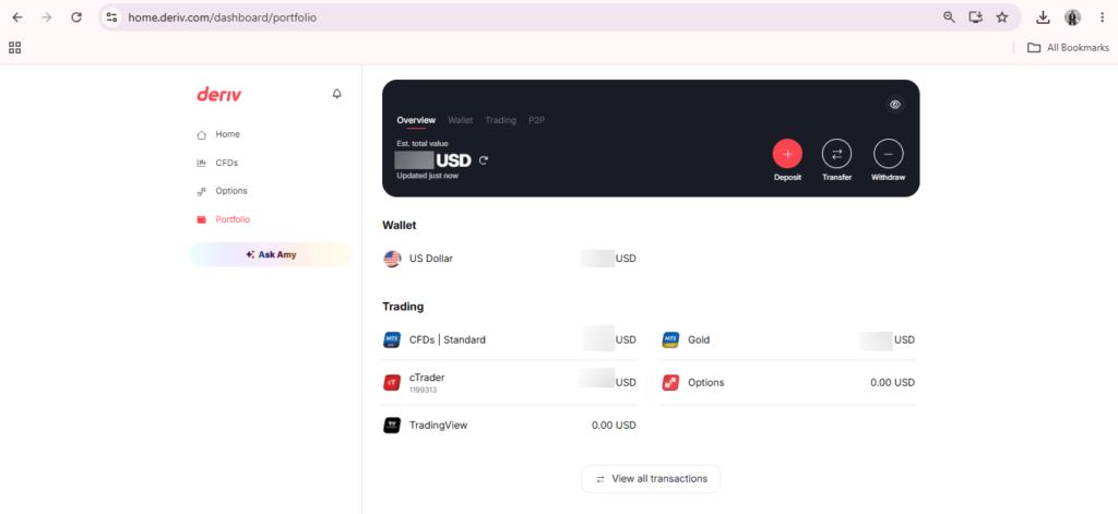 Screenshot of a financial dashboard showing wallet balances in USD and trading options like CFDs, Gold, Options, and cTrader. The USD balance is hidden, and buttons for deposit, transfer, and withdrawal are visible—ideal for those wanting to understand what is Deriv Wallet or compare Deriv Wallet vs trading account features.