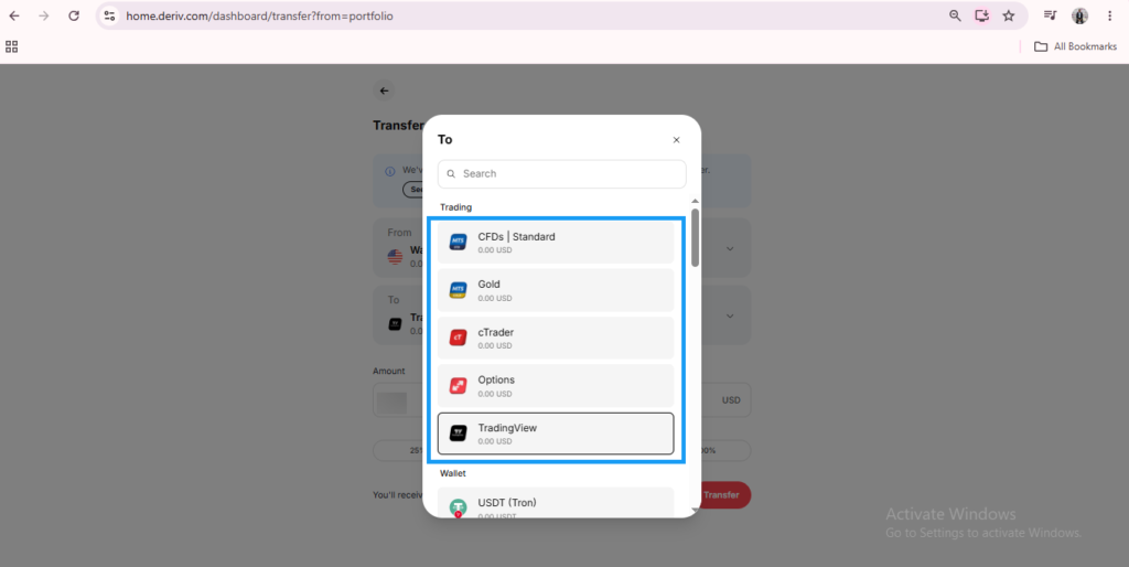 A screenshot of a transfer window on a trading platform, showing account options like CFDs, Gold, cTrader, Options, and TradingView—with TradingView highlighted—demonstrates how users can easily move money Deriv Wallet between different accounts.