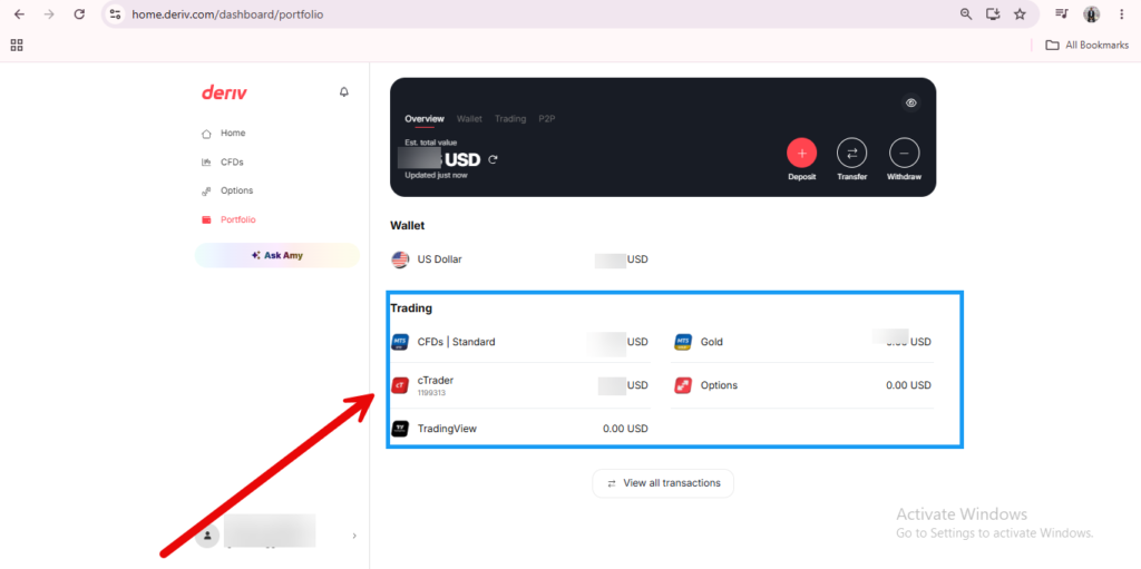 Screenshot of a trading dashboard on Deriv, showing the Deriv account balance location in USD, with trading options for CFDs, cTrader, and TradingView. A red arrow points to the Portfolio tab in the left sidebar, making it easy to check Deriv balance and view Deriv Wallet details.