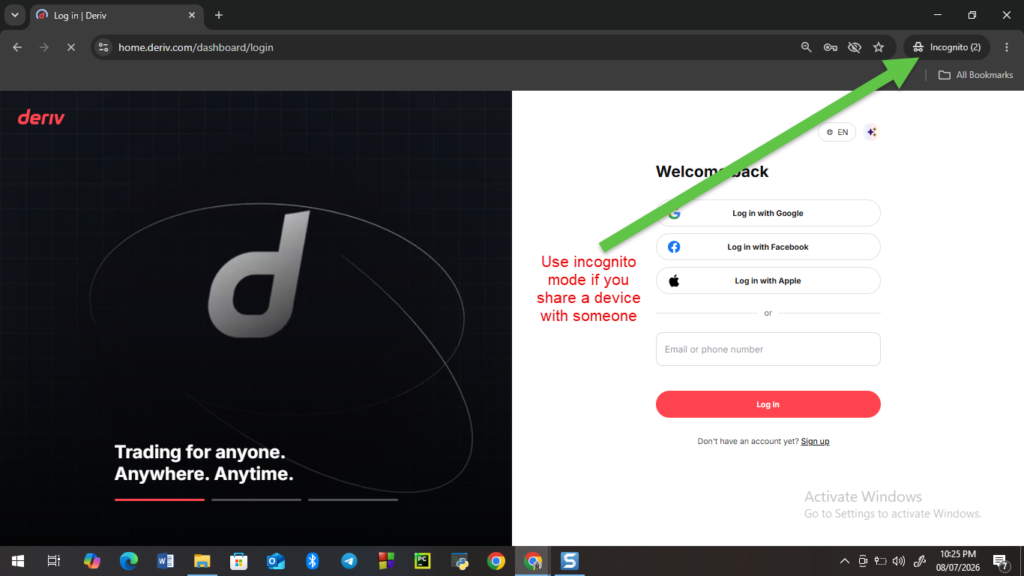 Browser window showing Deriv login page; left side displays Deriv logo and tagline, right side shows login options. At the top, a green arrow and note highlight using incognito mode when sharing a device with someone, along with a reminder to log out of Deriv to ensure your account security.