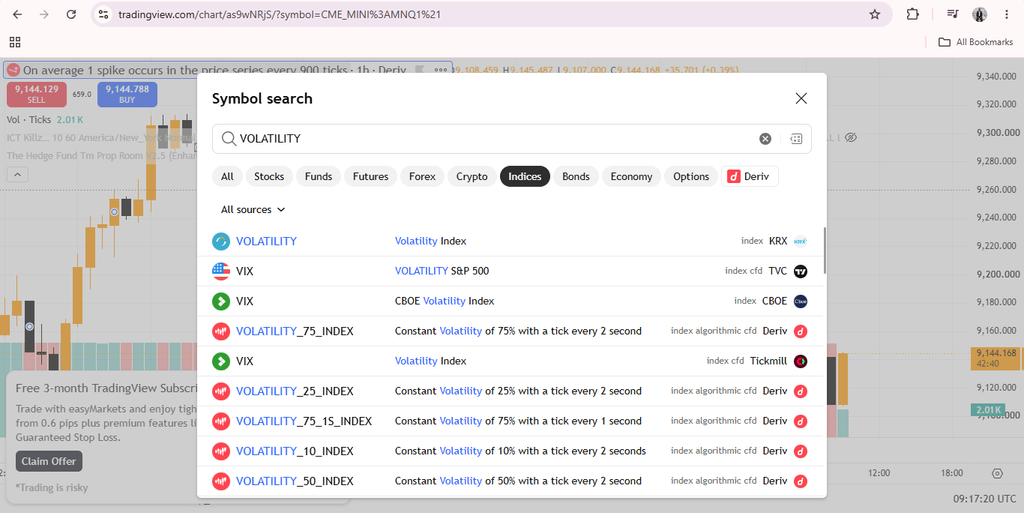 A TradingView screen shows a “Symbol search” window with results for “VOLATILITY,” listing various volatility indexes. The background displays a price chart and sidebar, illustrating how Deriv TradingView explained features allow users to seamlessly analyze and monitor volatility markets within the platform.