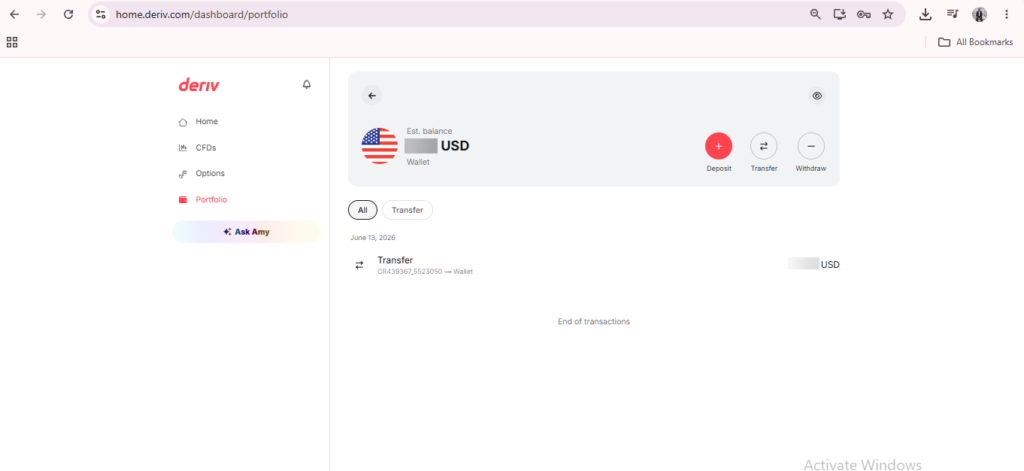A digital wallet dashboard featuring Deriv Wallet navigation displays your USD balance, with options to deposit, transfer, or withdraw funds, and shows a single past transfer. The page also includes intuitive navigation for Home, CFDs, Options, and Portfolio on the left.