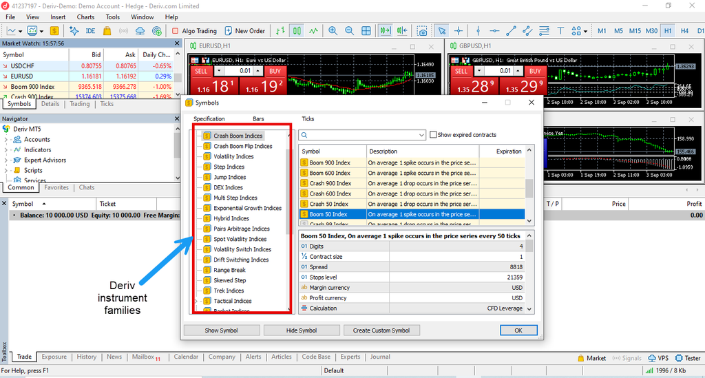 A Deriv trading platform window shows various synthetic indices instrument families listed in a popup under “Symbols,” with charts and account balance visible in the background, making it easy for users conducting a synthetic indices broker comparison to evaluate features and choose the best synthetic indices broker for their needs.